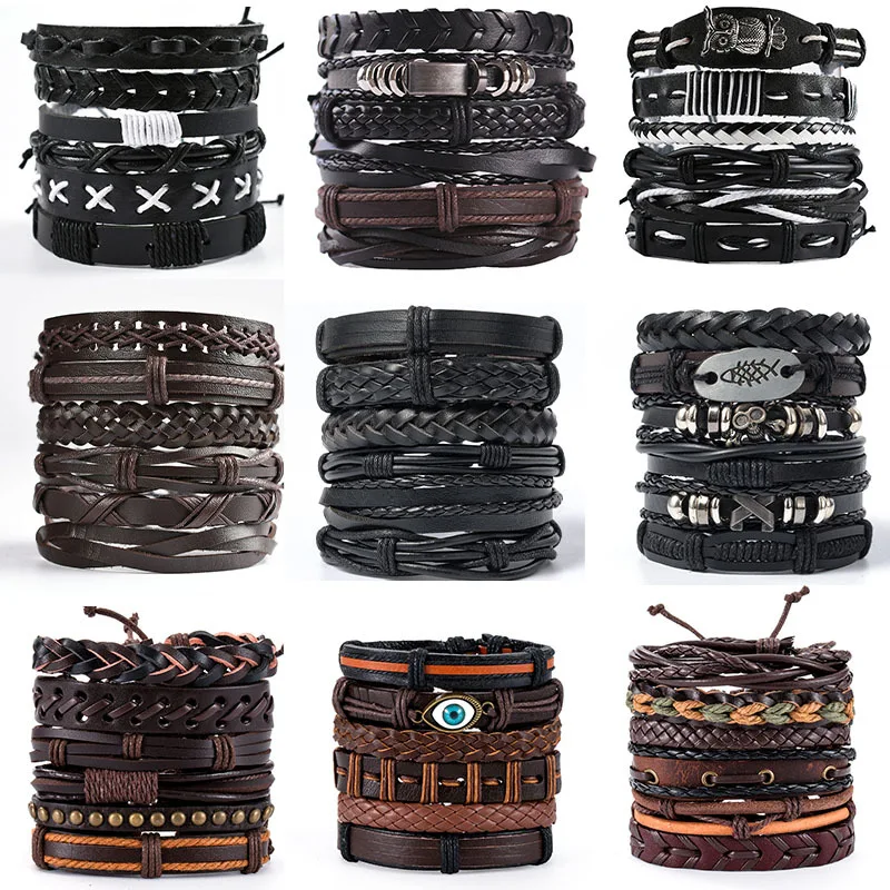 Skórzana bransoletka w stylu vintage dla mężczyzn tkany zestaw ozdoba bransoletka w stylu Punk męska Combo DIY wielowarstwowa bransoletka z amuletem biżuteria