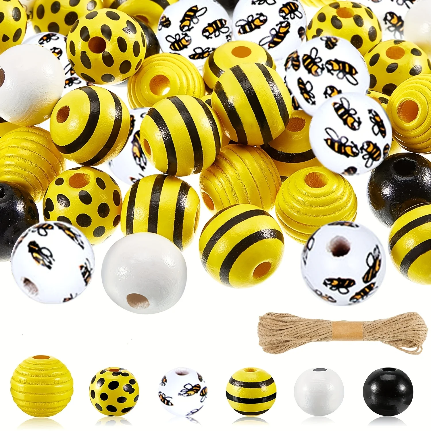 60 Pieces Bee Wooden Beads Wood Bee Honeycomb Beads Farmhouse Beads Round Spacer Beads with Hole for Necklace Bracelet