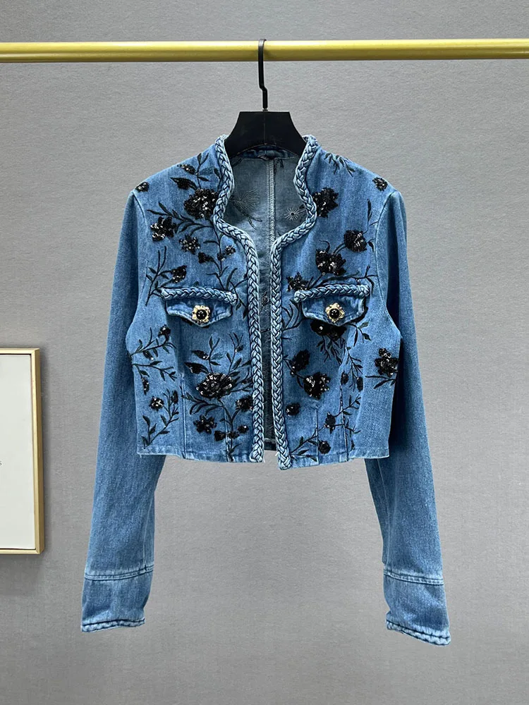 

Women's Autumn New Slimming Versatile Long-sleeved Top Blue Jean Jacket Fashion Embroidered Sequined Short Denim Coat