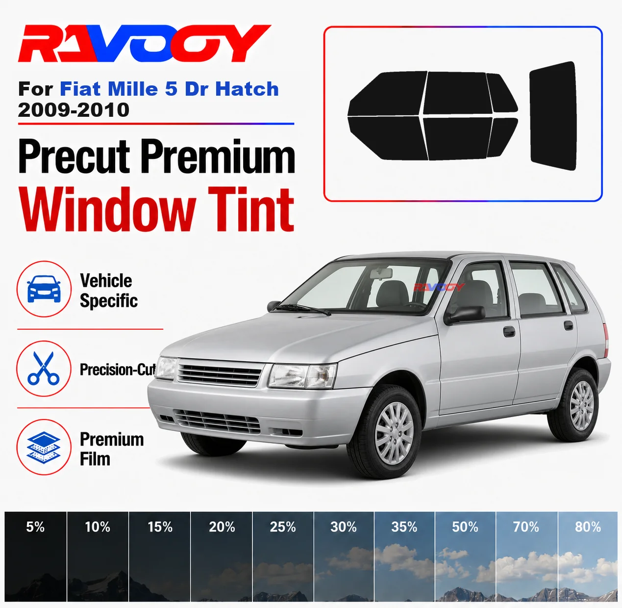 Премиальный комплект предварительно нарезанной тонировочной пленки для передних и задних окон, заднего стекла для Fiat Mille 5Dr Hatch 2009-2010, автомобильная солнцезащитная нанокерамическая пленка