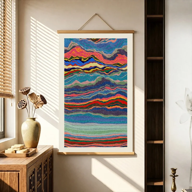 Wall Art Layered Ocean Stripes in Calm Colors, Modern Abstract Pearlescent Canvas Hanging Scroll with Wooden Rods for Spa Lounge