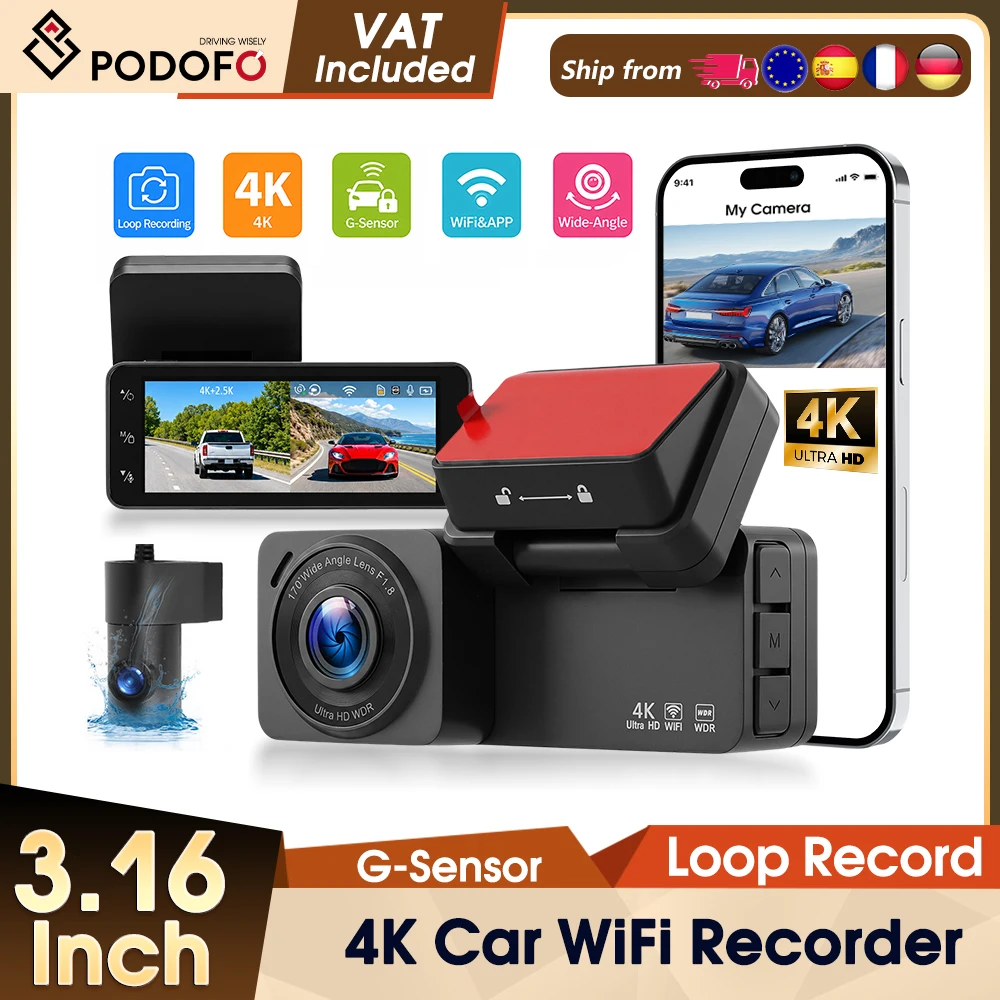 Caméra de tableau de bord double Podofo 4K Ultra HD avec écran 3,16'', connexion Wi-Fi et contrôle par application, 170° °   Enregistreur vidéo de rétroviseur avec vision nocturne grand angle, capteur G et mode stationnement
