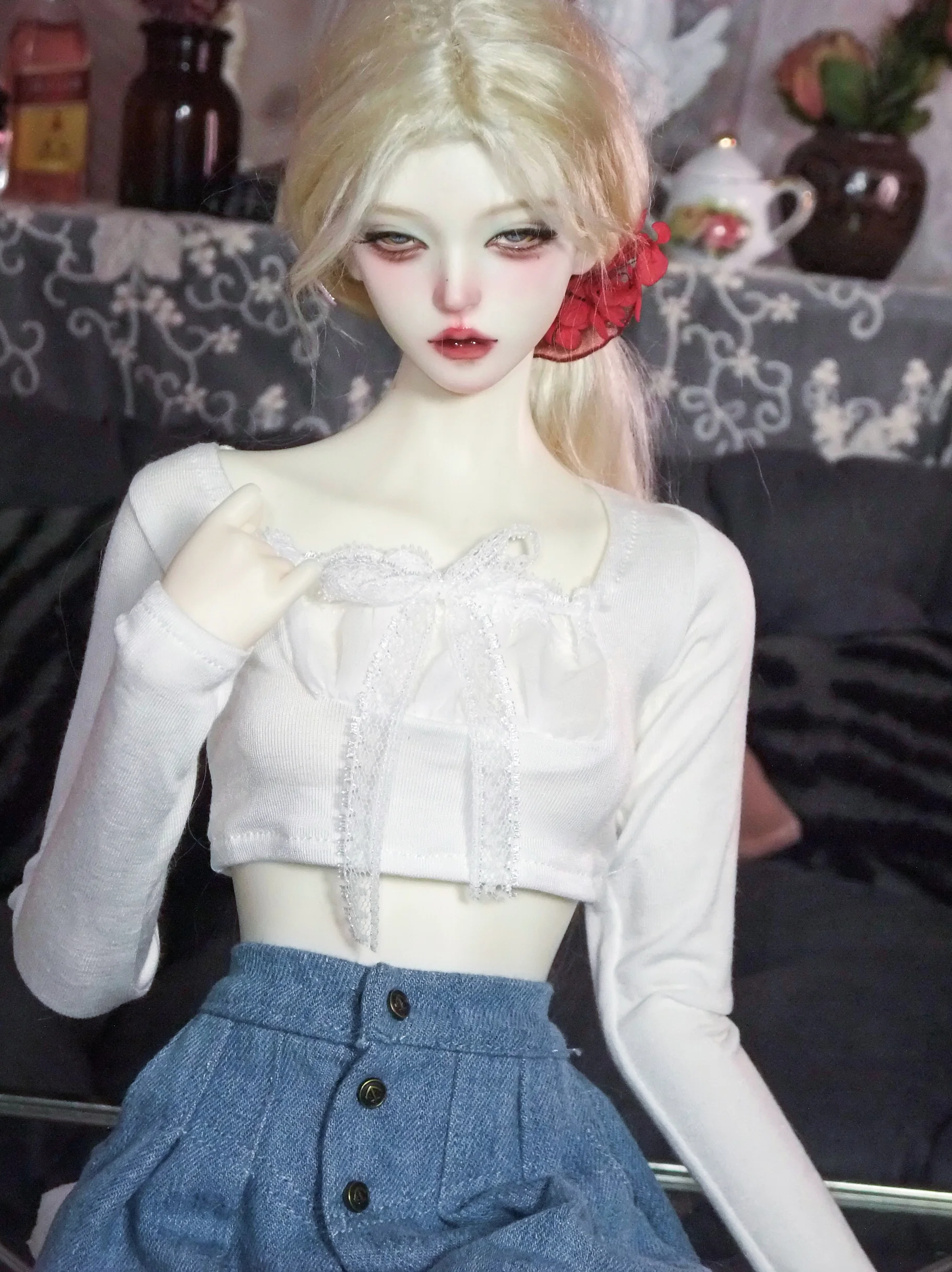 D09-P290 children handmade toy   1/4 MSD 1/3 BJD Doll clothes Long sleeved lace up top and wide leg jeans