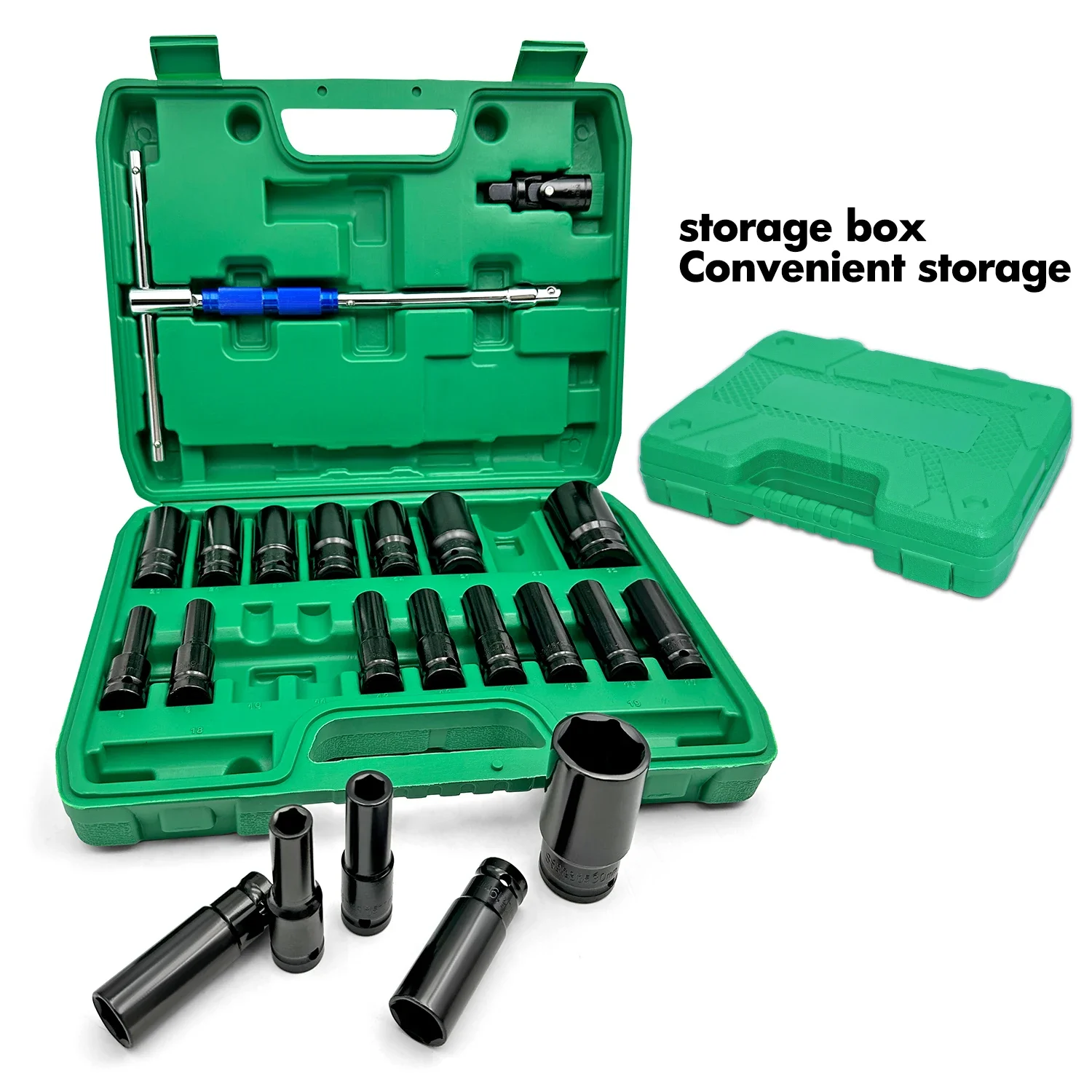 22pcs Combination Drive Extended Socket Hexagonal Impact Sleeve Set with Portable Storage Case 8-32mm Torque for Motor Repair