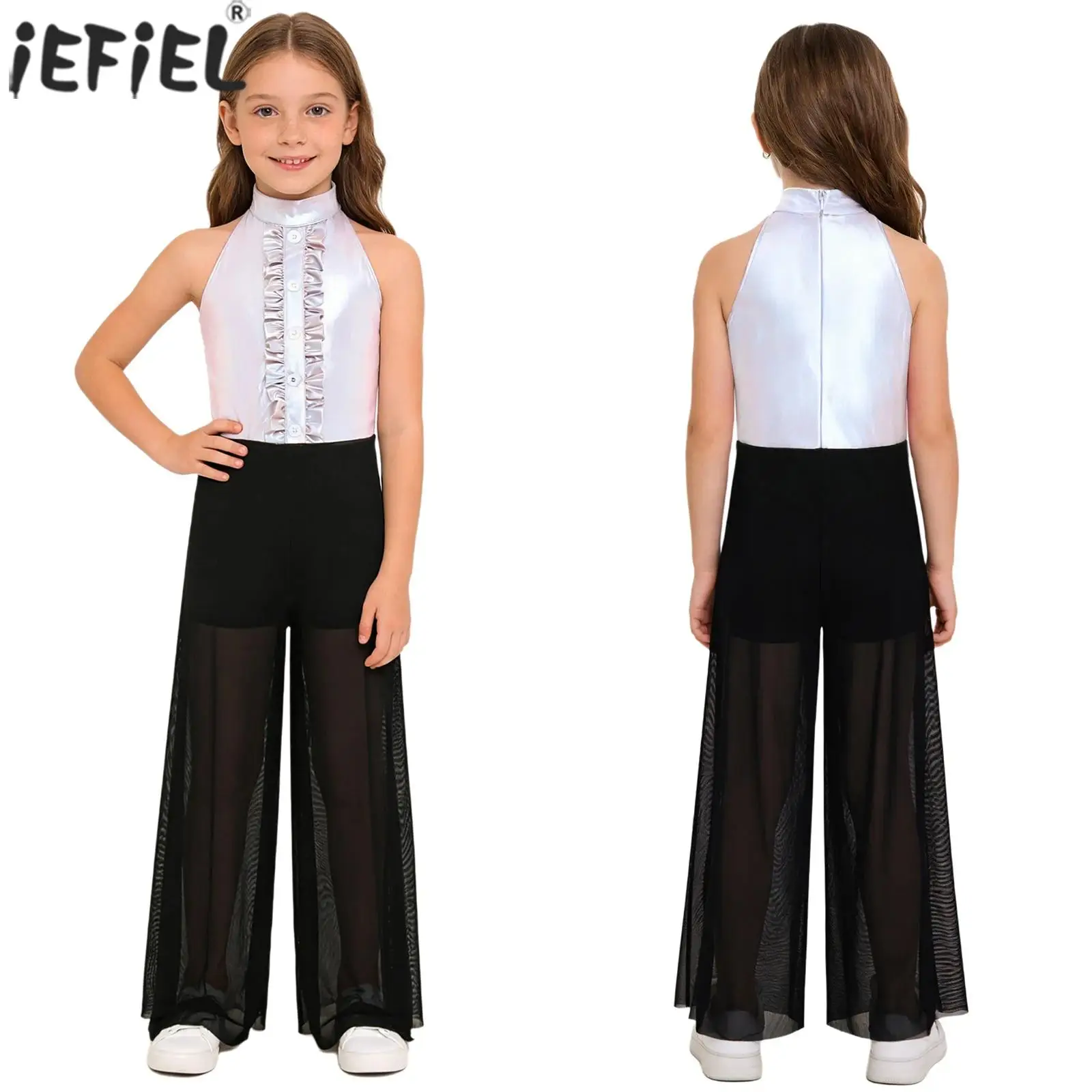 Kids Girls Jazz Dance Jumpsuit Sleeveless Ruffles Metallic Bodice Mesh Wide-Leg Bodysuit Ballroom Rumba Tango Chacha Dancewear