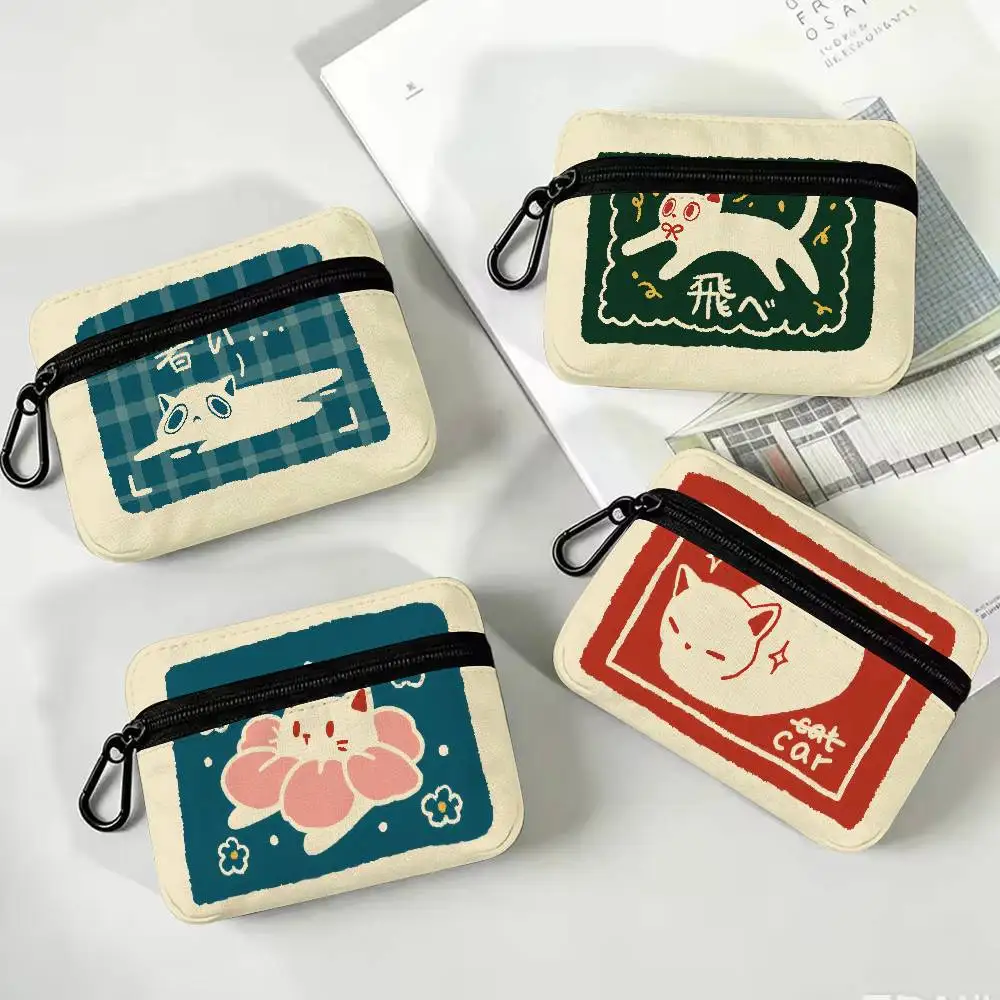 Vintage Stamp Cat Print Oxford Cloth Zipper Wallet Waterproof Coin Purse Cute Kitten Pattern Small Storage Bag for Daily Use
