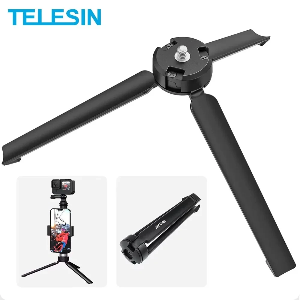 TELESIN Aluminum Alloy Collapsible Tripod with 1/4 Screw Hand Strap For GoPro Hero 13 12 11 10 Insta360 X3 DJI Action 4 5 Camera