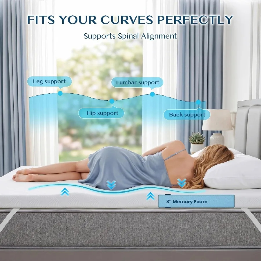 California King memory foam mattress topper for back pain relief, gel-infused ventilated white foam with wave pattern, CertiPUR