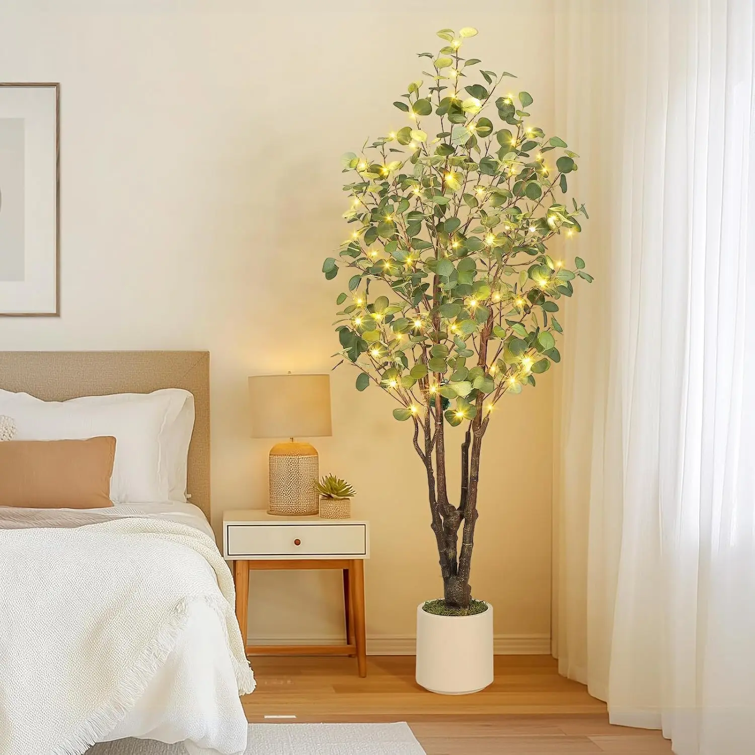 Artificial Eucalyptus Tree w/ 50 LED Lights, Pre-Potted Faux Floor Plant, Realistic Silk Multi-Stem Greenery in White Planter for Home & Office Decor Christmas Party Supplies 3