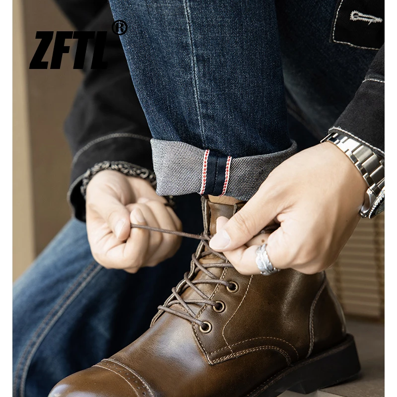 ZFTL Men\'s Basic Boots Vintage Ankle Boots Vintage Boots British high top shoes Hand Rubbed Color Work Boots Genuine Leather