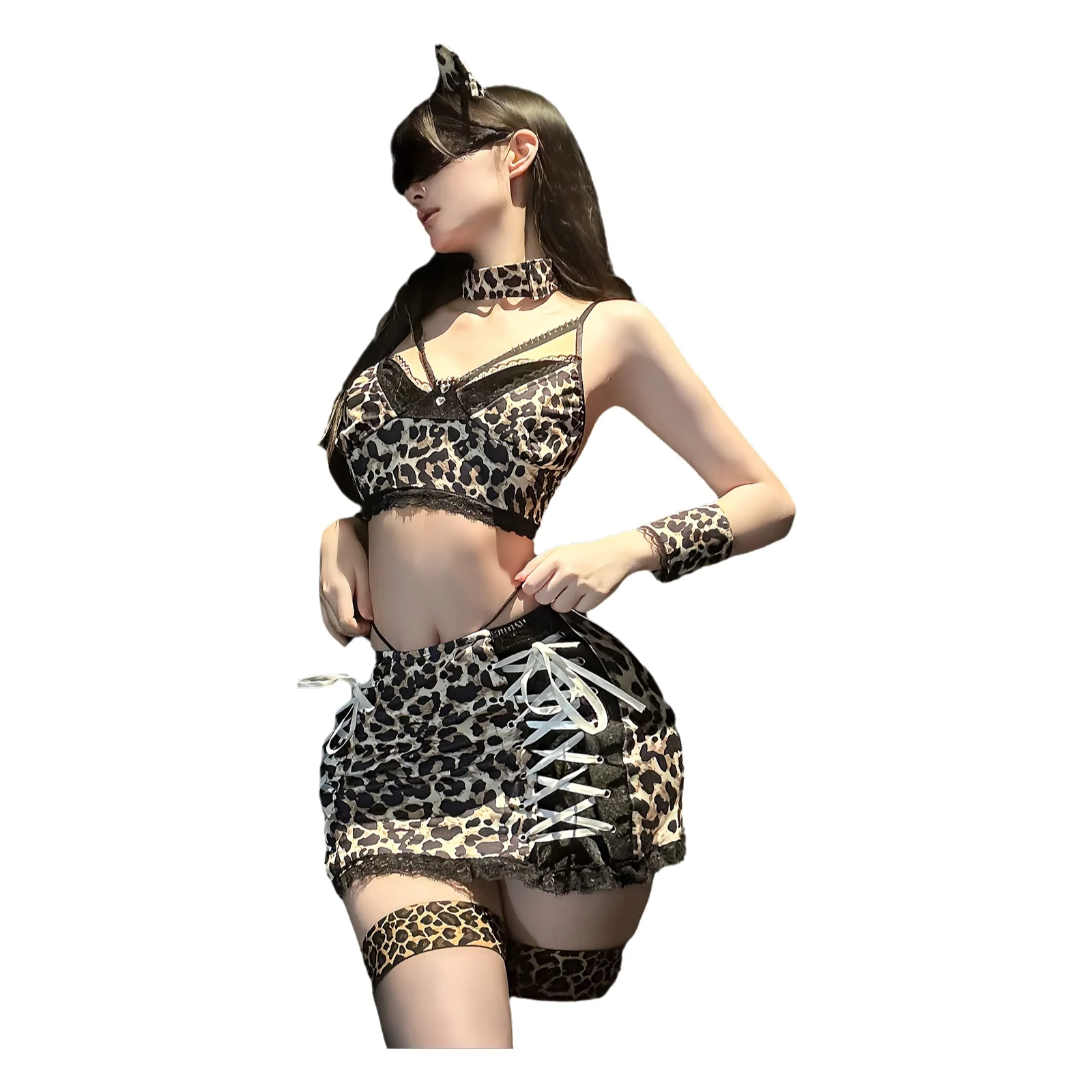

Sexy Lace Leopard Printed Little Wild Cat Uniform Cat Girl Pure Desire Outfit Charming Sexy Sets For Woman Nightclub Wear JEEO