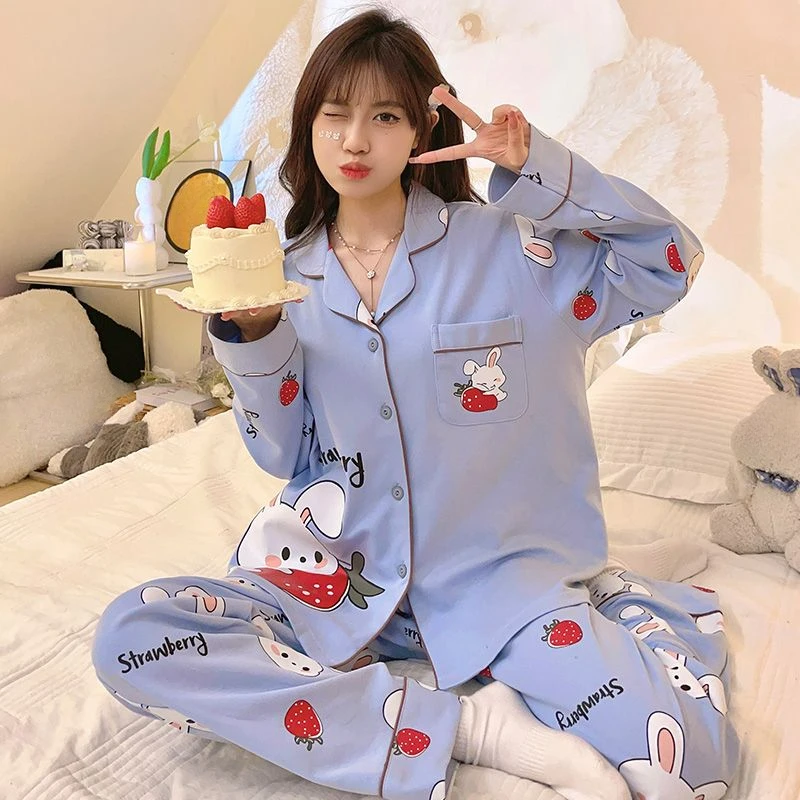 Pigiama da donna manica lunga primavera autunno Large Size 100.00kg indossabile Homewear Suit femminile dolce Cartoon Casual Sleepwear Set