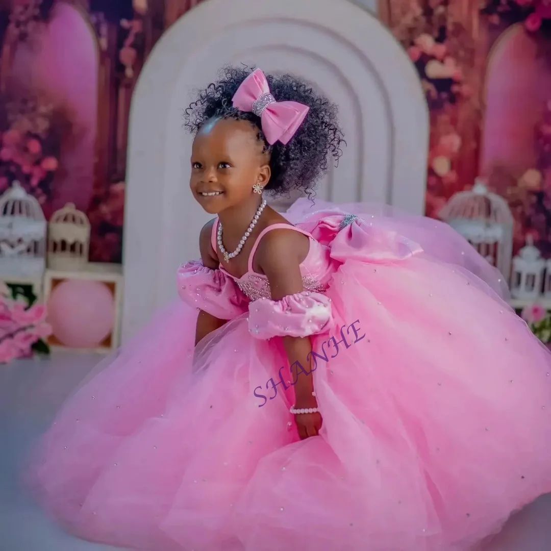 맞춤형 핑크 플라워 걸 드레스 웨딩용 리본 오프 숄더 플로어 길이 베이비 걸 프롬 가운 사진 촬영용 첫 성찬식용