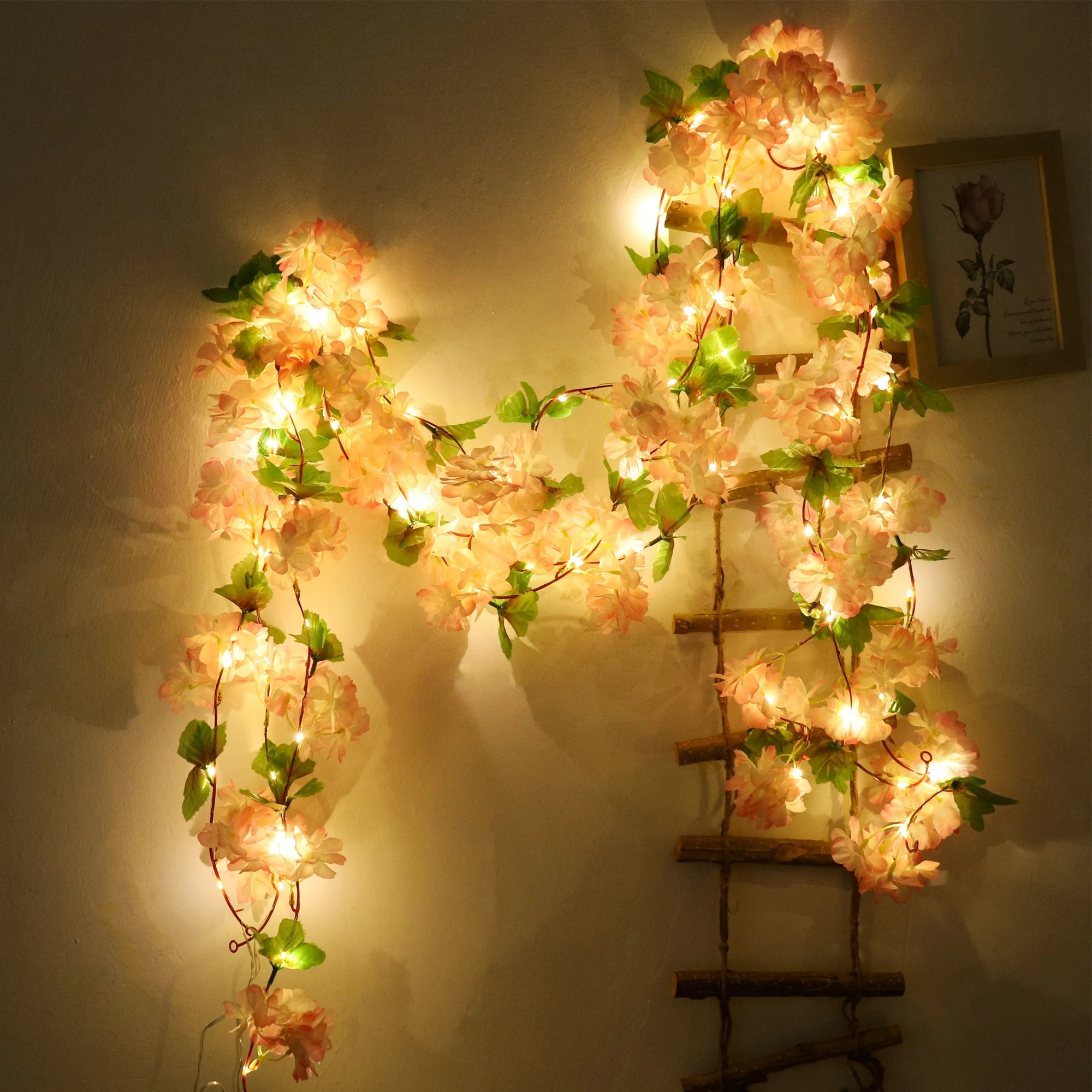 Artificial Flowers Sakura Vine Garland Wedding Arch Decoration Home Room Garden Backdrop Wall Fake Flower Light String Rattan