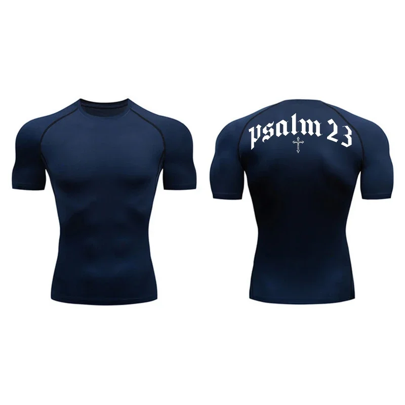 2024 Psalm 23 Cross Print Men\'s Sports Quick-Drying T-Shirt Tops Gym Workout Fitness Compression Shirt Short Sleeve S-3XL