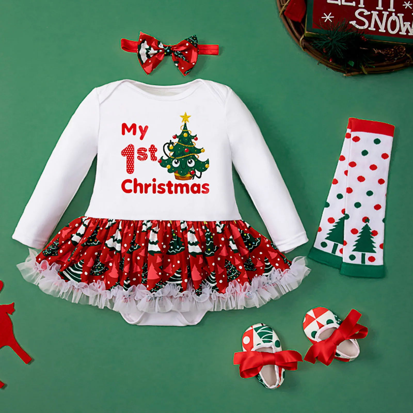 

Infant Baby Girls Christmas Printed Long Sleeve Romper Skirt With Headband Shoes Leg Sleeves 4PC Baby Clothes New Borns Girls