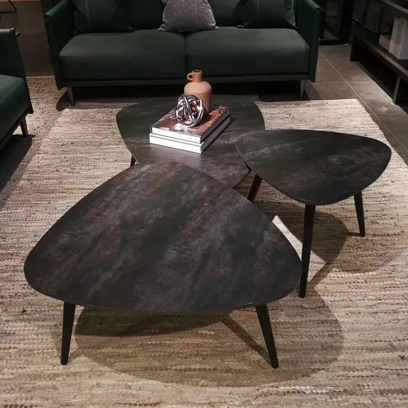 Italian minimalist rock slab coffee table, light luxury stainless steel tea table three-piece set