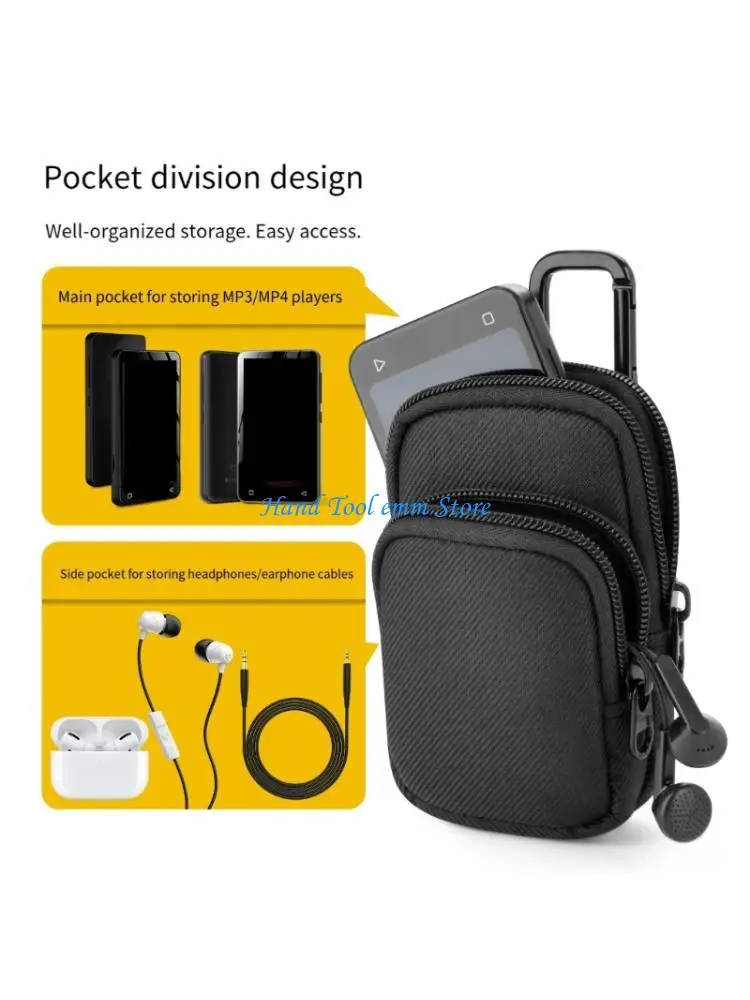 H37F Attachment Case Digital Player Bag with Front Earphone Pocket Double Zippers Closures Plush Interior and Metal Carabiner
