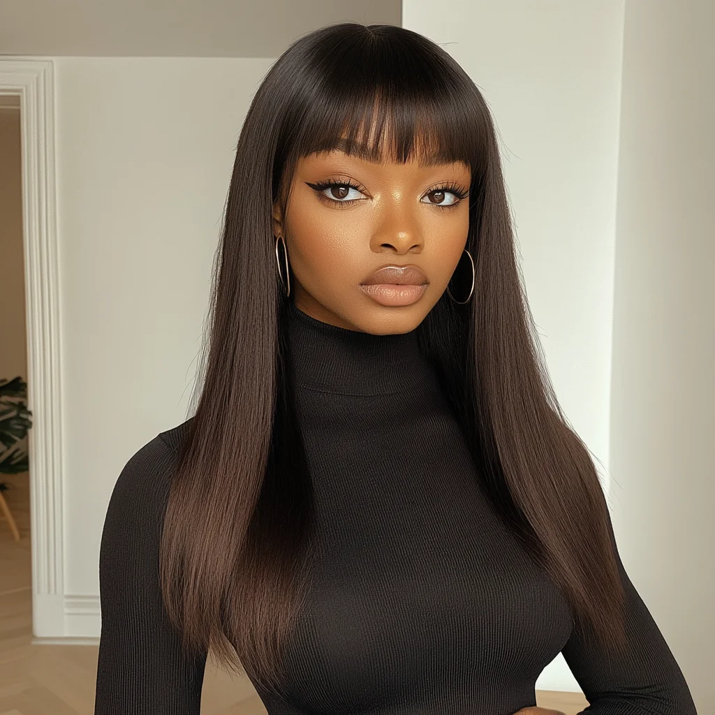 

Lekker Chocolate Brown Bone Straight 100% Human Hair Wig With Bangs For Women Brazilian Remy Hair Full Machine Made 18" 24" Wigs