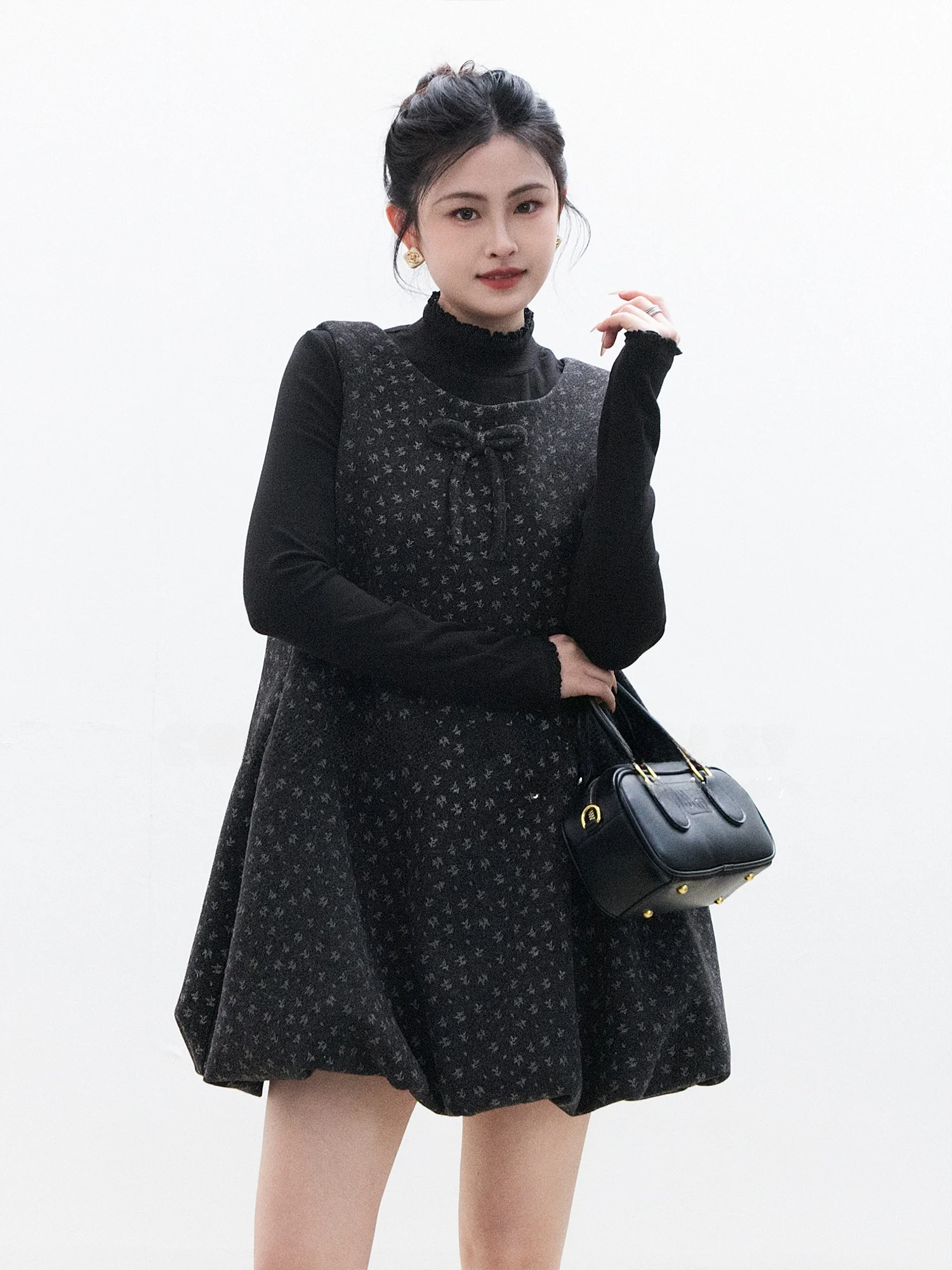 

Chelzy Black Floral Vest Dress Set Women's Spring Autumn Small Size Age Reduction Base Two Piece Set Elegant Style Long Sleeve