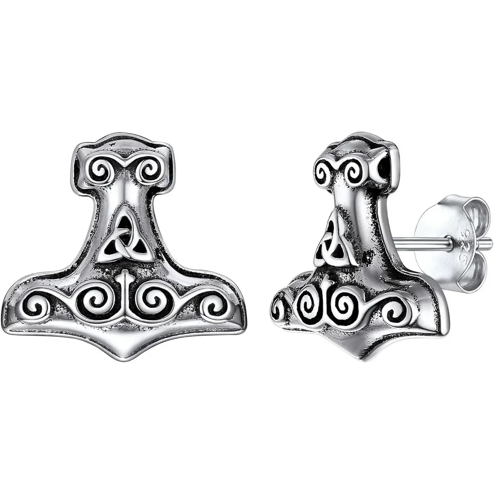 Norse Viking Jewelry Thor's Hammer Studs Sterling Silver Vintage Celtic Knot Wolf Head Stud Earrings for Women Men QC24