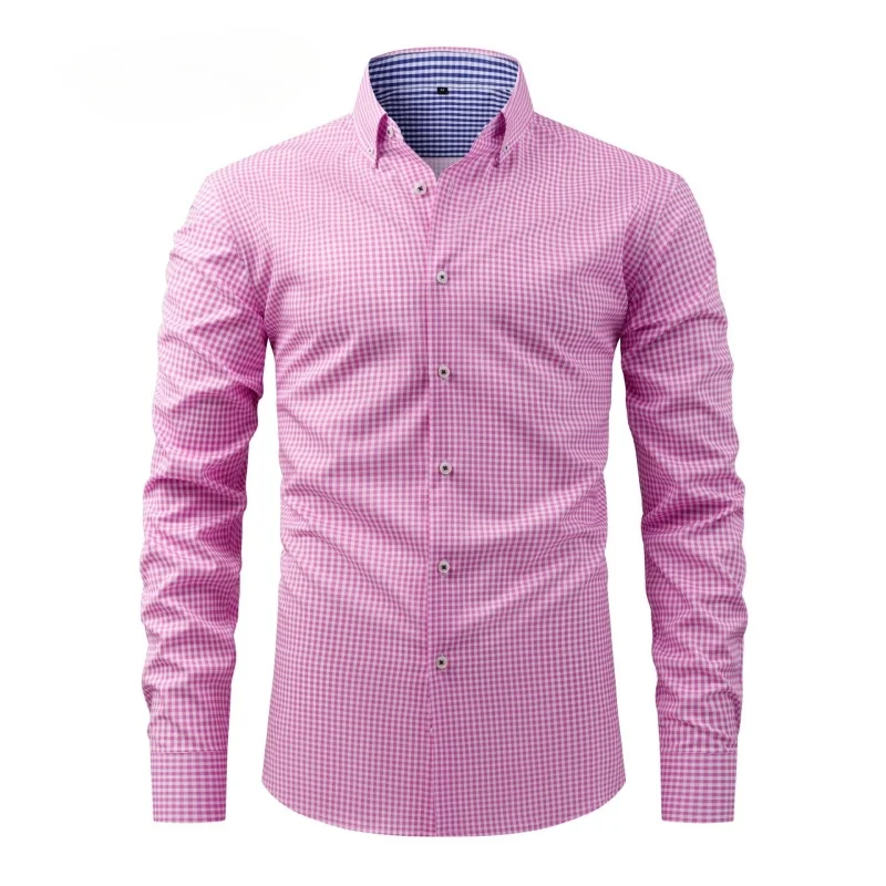 Spring Autumn Men's Lapel Long Sleeve Printed Shirt Business Casual Slim Fit Checkered Shirt