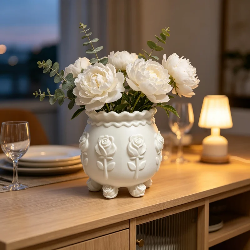3D Three-Dimensional Embossed Rose Vase, White Flower Arrangement Container with Six Rose Stems, Vintage Desktop Decorative Vase, Dual-Purpose Makeup Brush Holder for Dressing Table