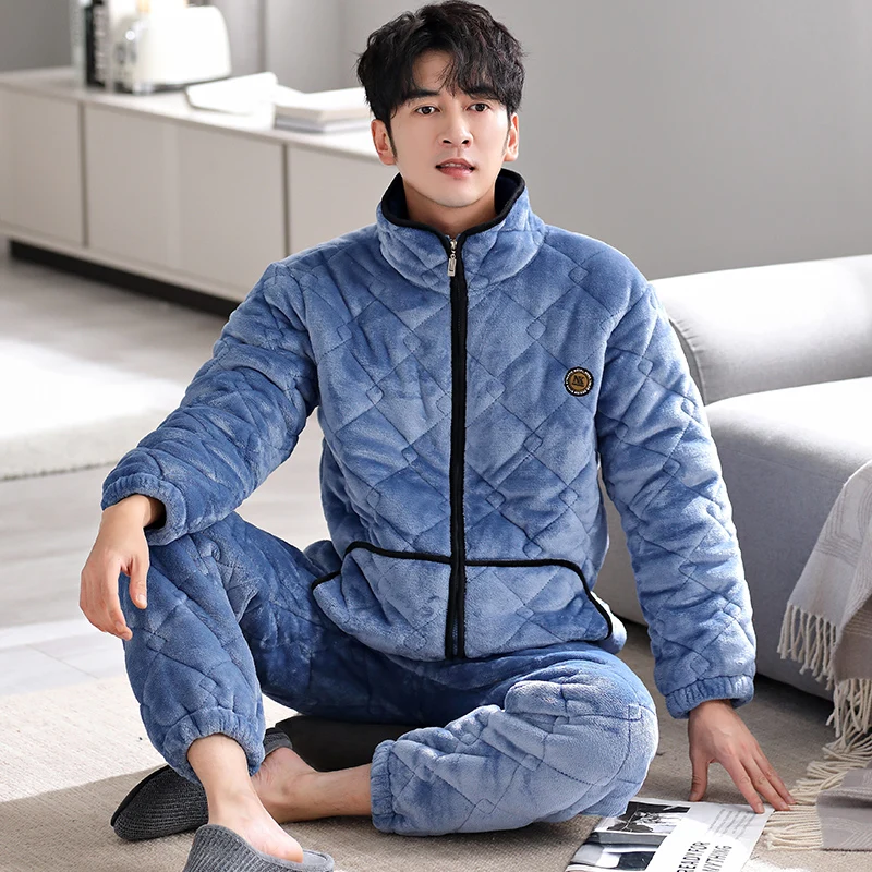 Winter Pajamas Set Men Thick 3 Layer Clip Cotton Sleepwear Suits Men's Turn-down Collar Pijama Hombre