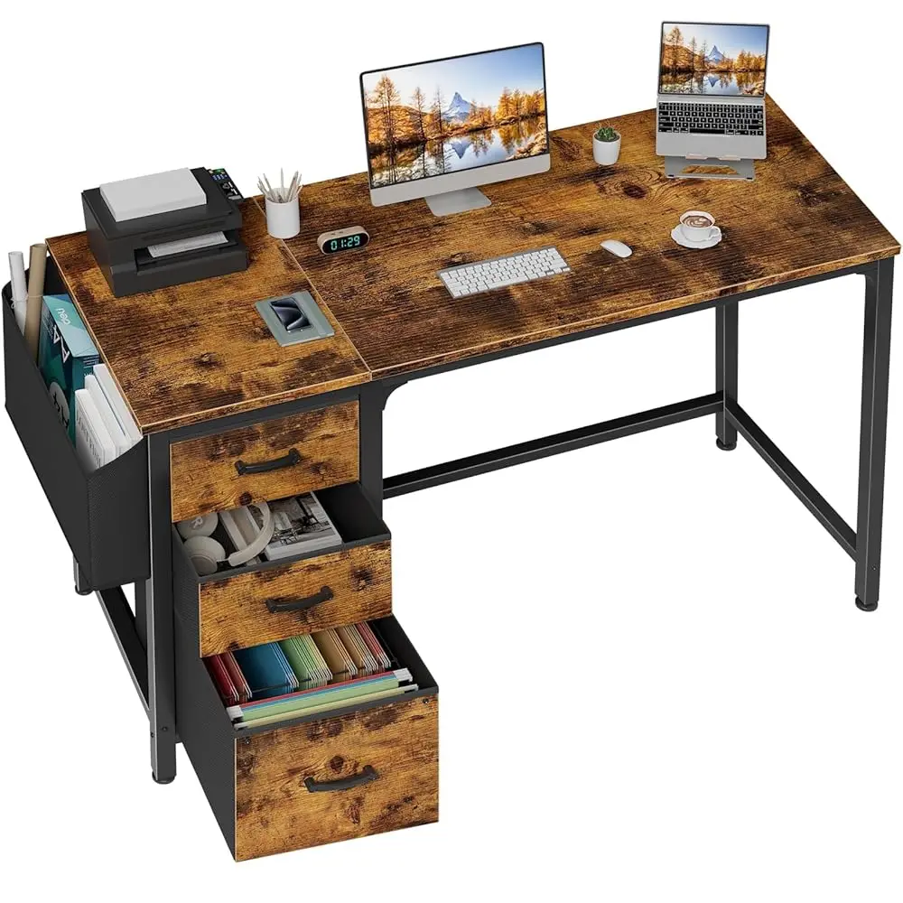 

Computer Desk With Fabric File Drawers Cabinet, 55 H Reversible Home Office Desks With Filing Cabinet For Small Space, Study