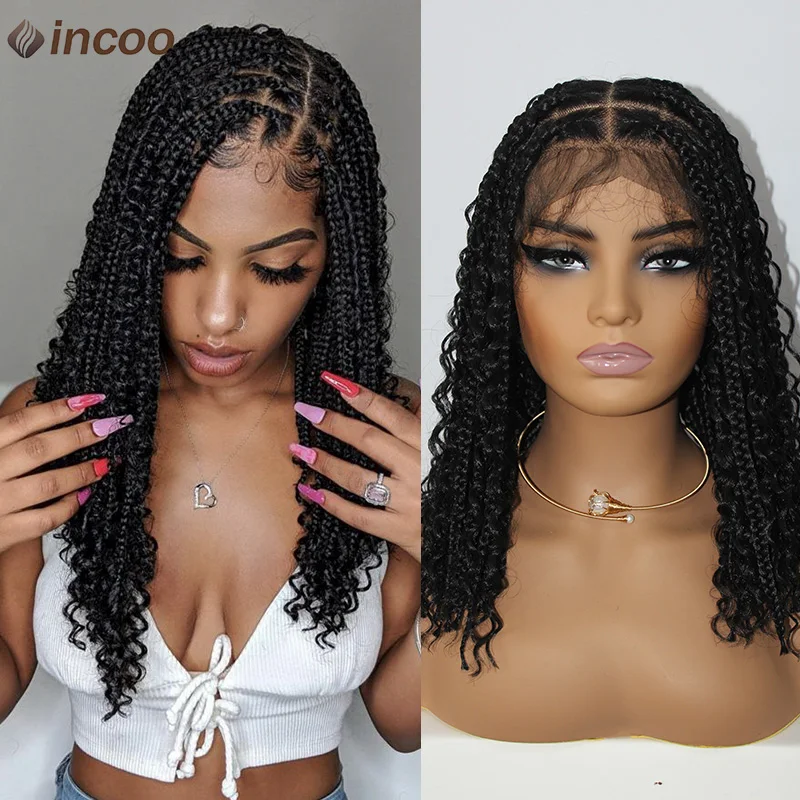 Wig kepang Boho pendek 12 inci Wig kotak tanpa simpul bagian persegi Wig kepang keriting ujung sintetis penuh renda Wig Bob Cornrow untuk wanita