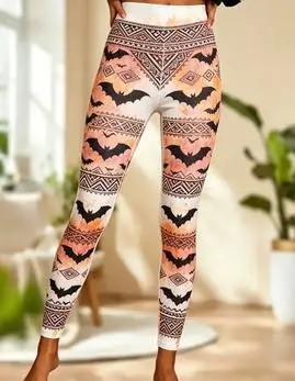 Women Mid‑Rise Fleece Lined Leggings, Halloween Orange Pink Gradient Bat Swarm Print Slim Stretch Pants