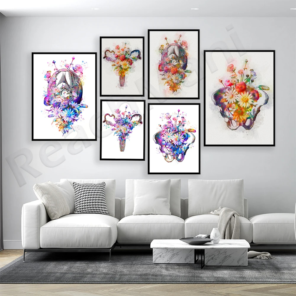 Pregnancy Art Fetus and Flower Painting Female Uterus Art Pelvic Skeleton Medical Decoration Maternity Midwife Gifts