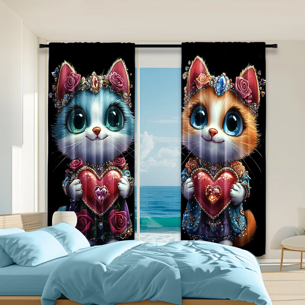 2 pcs, versatile polyester transparent curtains for home decoration Pretty Cat for use in bedrooms and living rooms