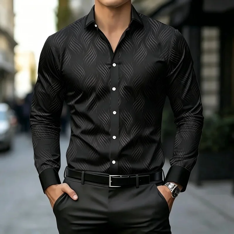 Men Wine Red Subtle Wave Jacquard Long Sleeve Shirt Lapel Collar Button‑Up Polyester Business Blouse