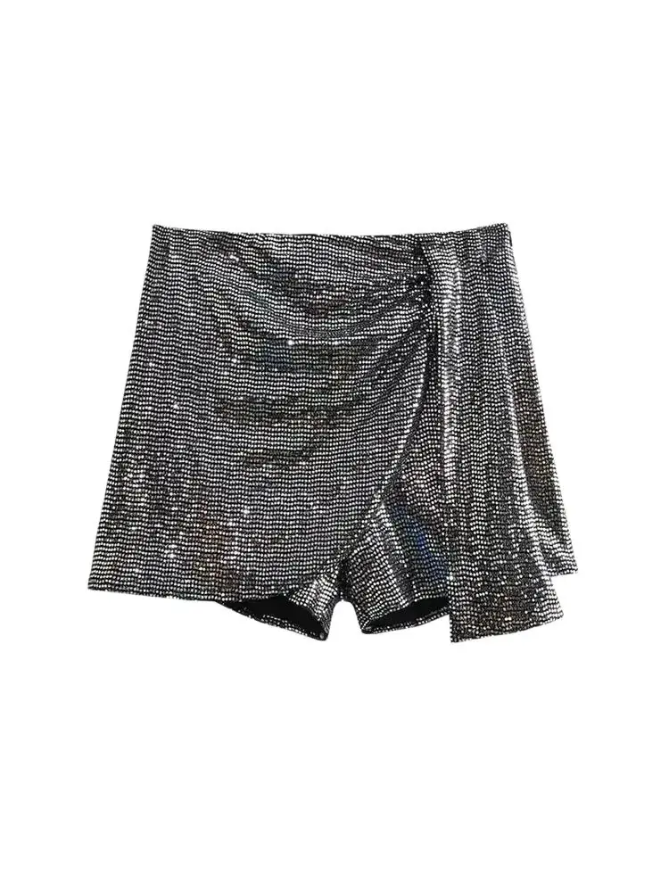 Women\'s Knotted Sequin Shorts Skirts, High Waist, Side Zipper, Female Skort,Fashion