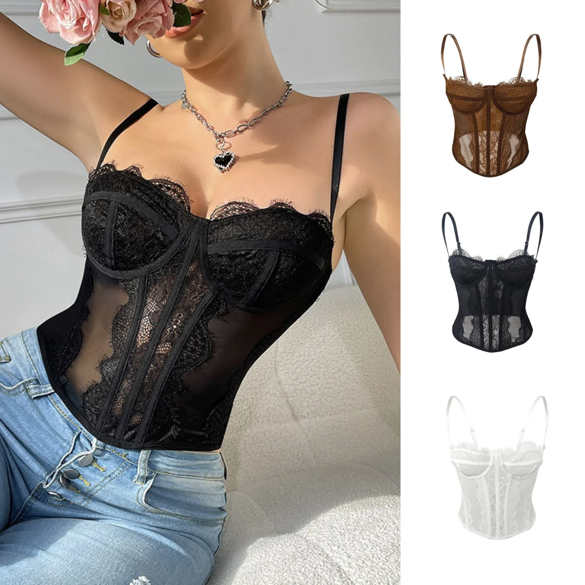 

Sleeveless Lace Spaghetti Strap Corset Tops Women Sexy Lingerie Bones Camisole 2025 New Fashion Slim Fitted Bodyshaper Tank Top