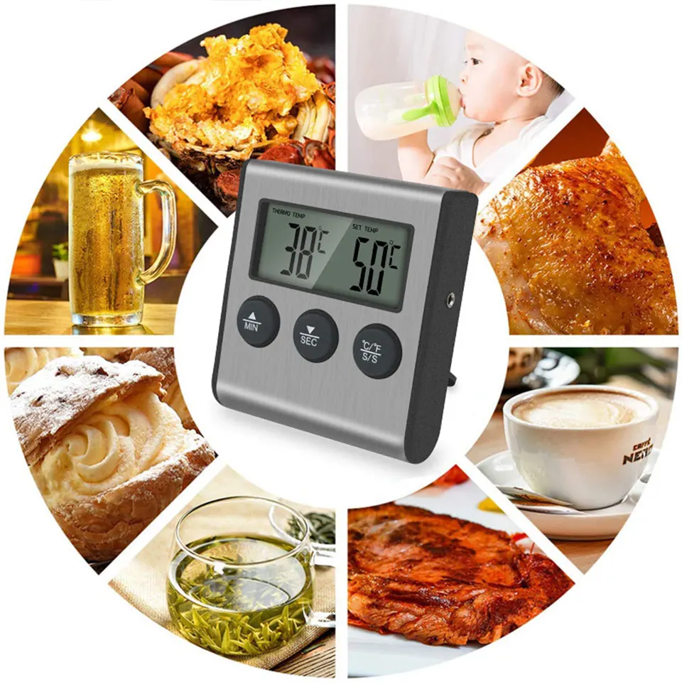 Kitchen Digital Cooking Thermometer BBQ Oven Meat Grill Timer Function Heat Meter Home Baking Household Cooking Temp Gauge Probe