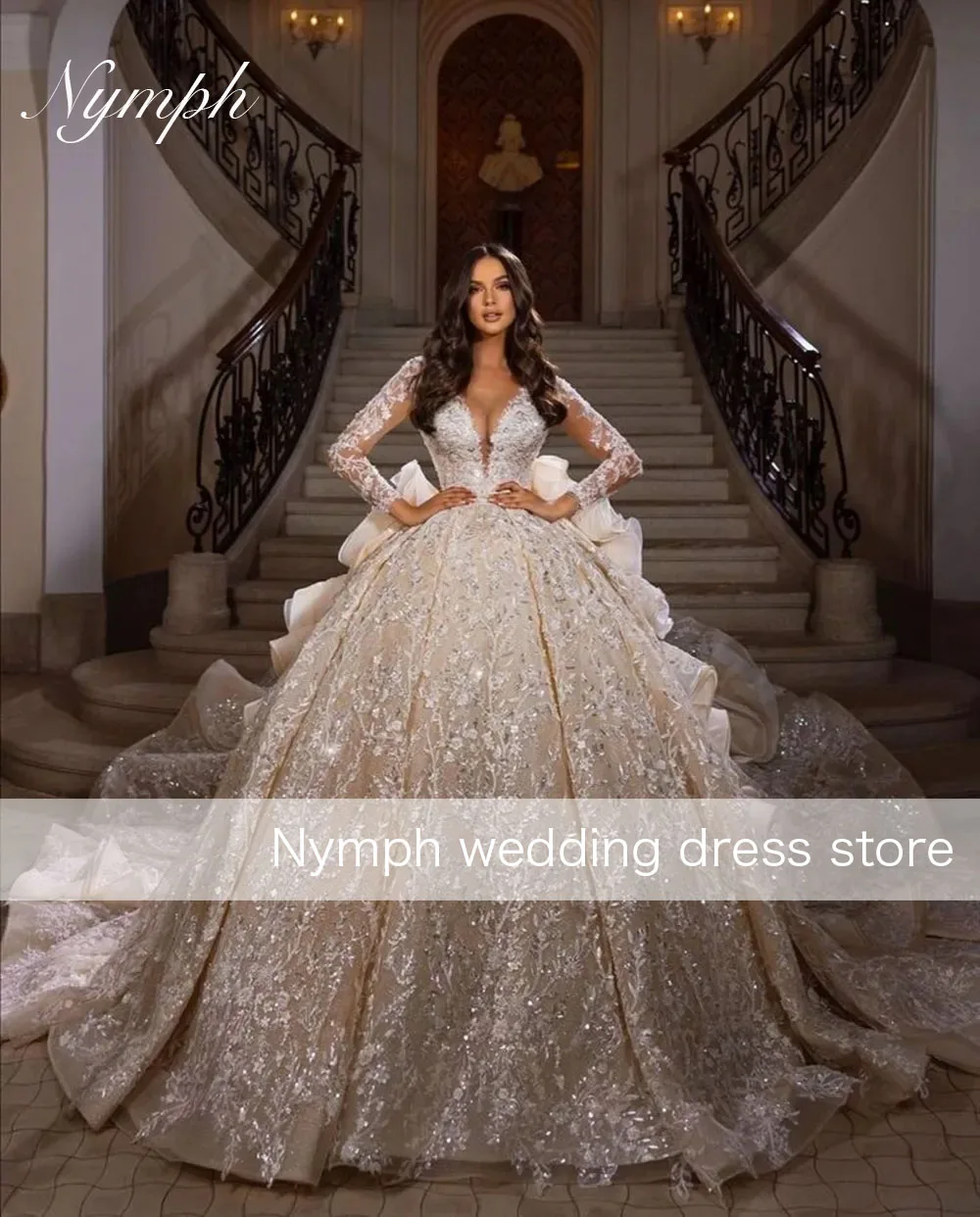 Vestido de novia con cuentas y lentejuelas brillantes de lujo, apliques de catedral, vestidos de novia con volantes de manga larga, vestido de novia Vintage de Reina