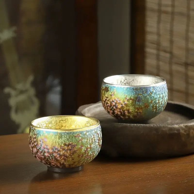 Gilded Tenmoku Glaze Teacup, Kiln Transmutation Peacock Iridescent Tea Bowl, Exquisite Personal Master Cup for Tea Tasting
