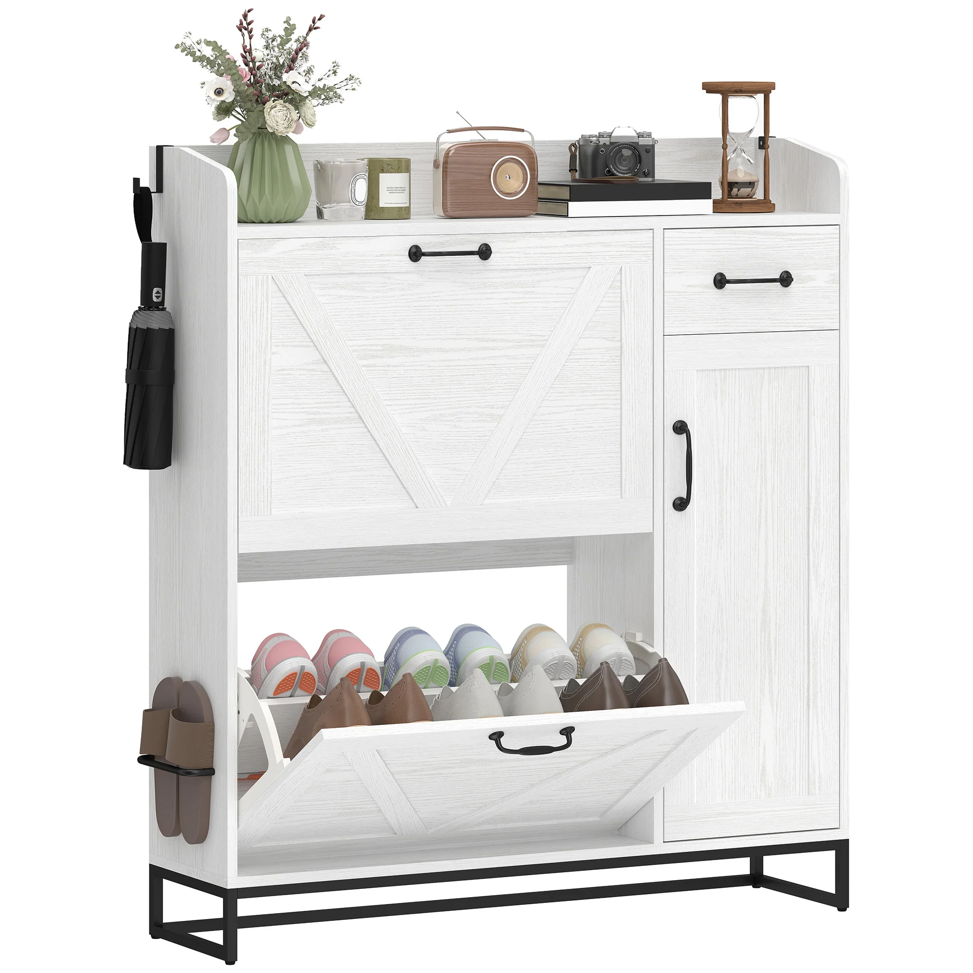 HOMCOM Zapatero Estrecho con 2 Cajones Abatibles, Zapatero Entrada Recibidor Rústico con Cajón y Estantes Ajustables, para 12 Pares de Zapatos, para Pasillo, Espacio Reducido, 106,7x26x116 cm, Blanco