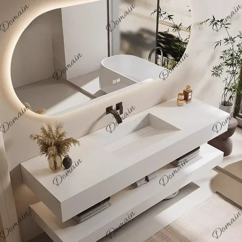 ZpO  With Light Slanted Basin Bathroom Vanity Set With Integrated Stone Slab Single/Dual Basin Vanity Luxury Bathroom Smart Mi