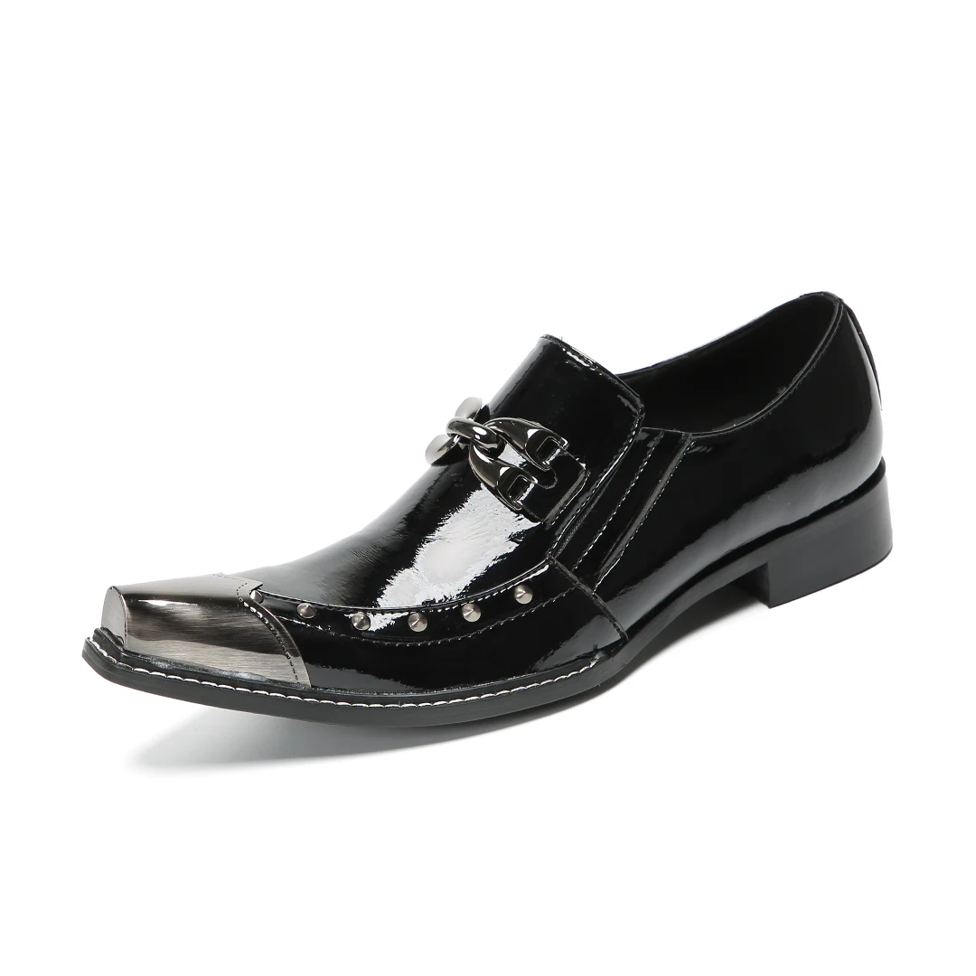 

Men's Black Glossy Leather Loafers with Metallic Toe Cap Fashionable Banquet Slip-Ons Handcrafted Men's Shoes