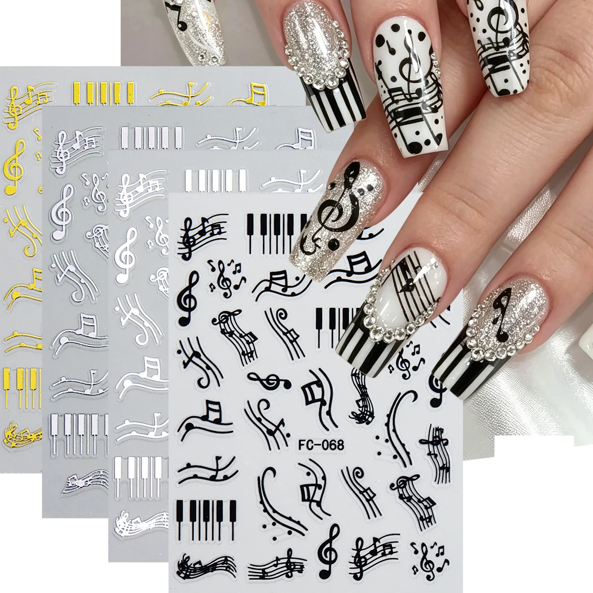Music Note Nail Stickers Black White Treble Clef & Piano Keys Self Adhesive Nail Decal, Easy Apply For Nail Salon & Home Use