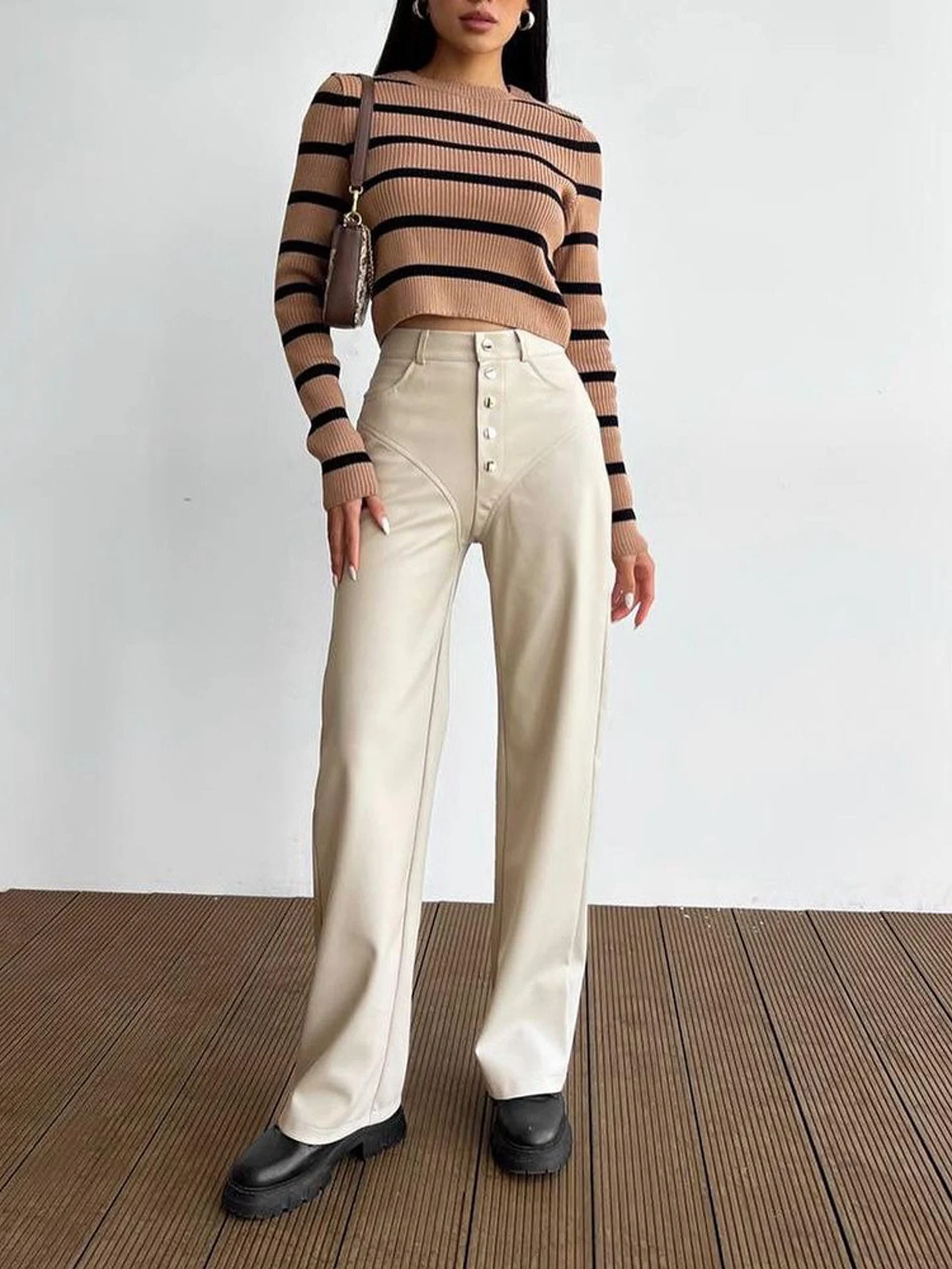 Fashionable High Waist Leather Patchwork Straight Leg Pants Women's Casual PU Leather Long Trousers Autumn New Style Slimming...