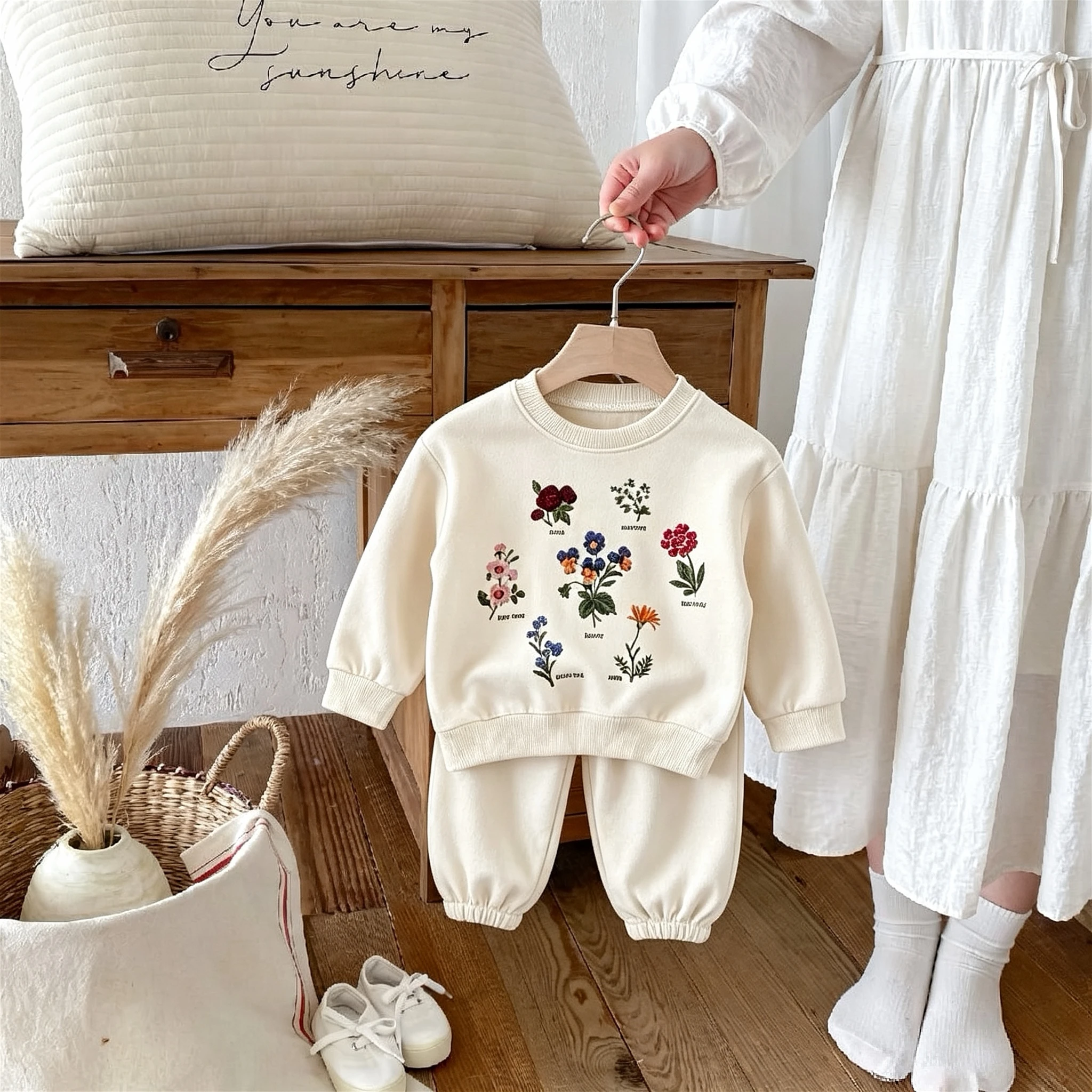 Solid Color Printed Girl's Clothes Autumn Sweatshirt Set Children Fashion Simple Long Sleeve Tops Trousets Casual Tracksuits