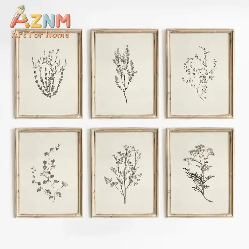 AZNM Vintage Botanical Flower Poster Print Beige Tones Floral Blossom Canvas Painting Wall Art Picture Living Room Home Decor
