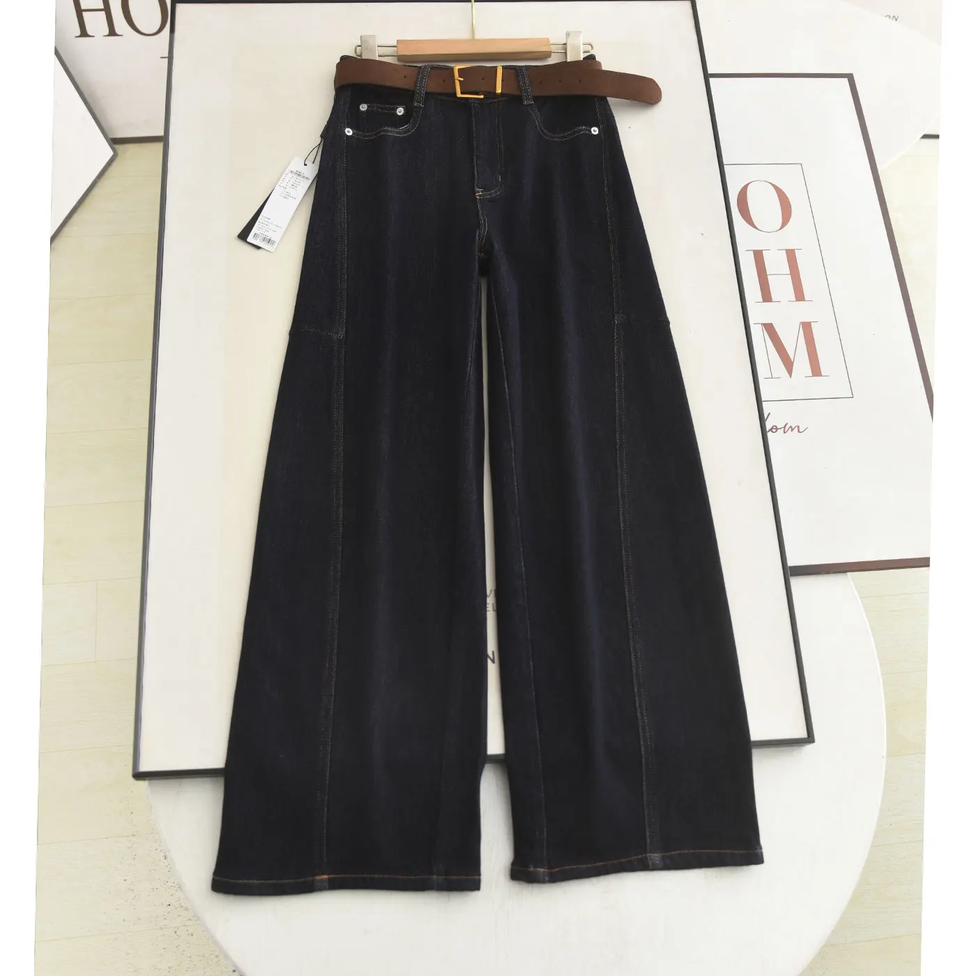 

High Waist Fce Lined Wide Leg Jeans Belted Casual Deep Blue Denim Trousers for Women Winter Season High Waist Pants