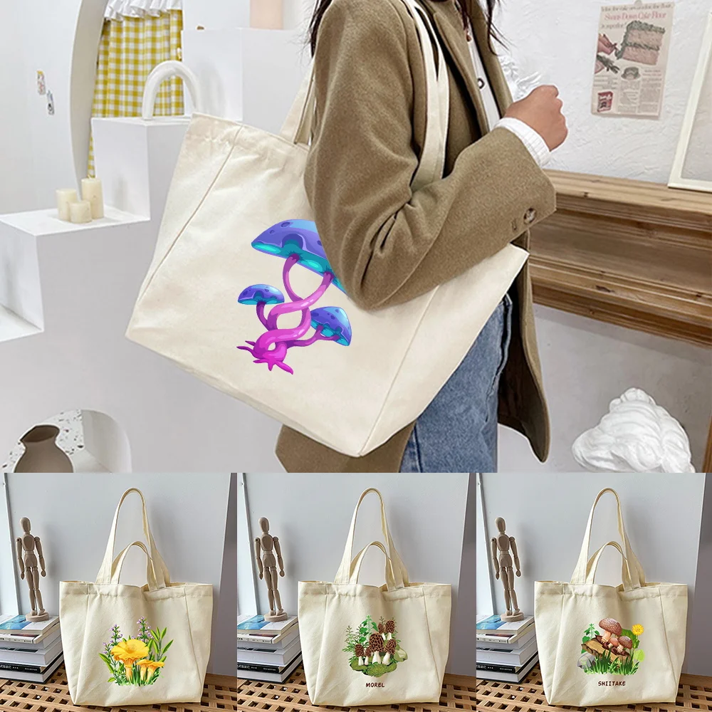 

Canvas Shopping Bags New Mushroom Print Eco Reusable Foldable Shoulder Bag Large Handbag Canvas Tote Bag for Women Shopping Bags