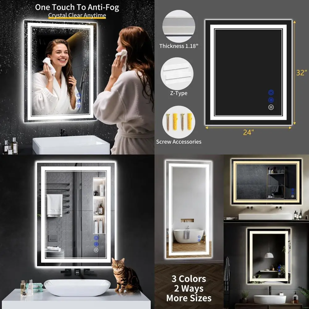 

Anti-Fog LED Bathroom Mirror, 32x24, Stepless Dimmable, 3 Color Lights, Shatter-Proof Tempered Glass, Waterproof & Memory Functi