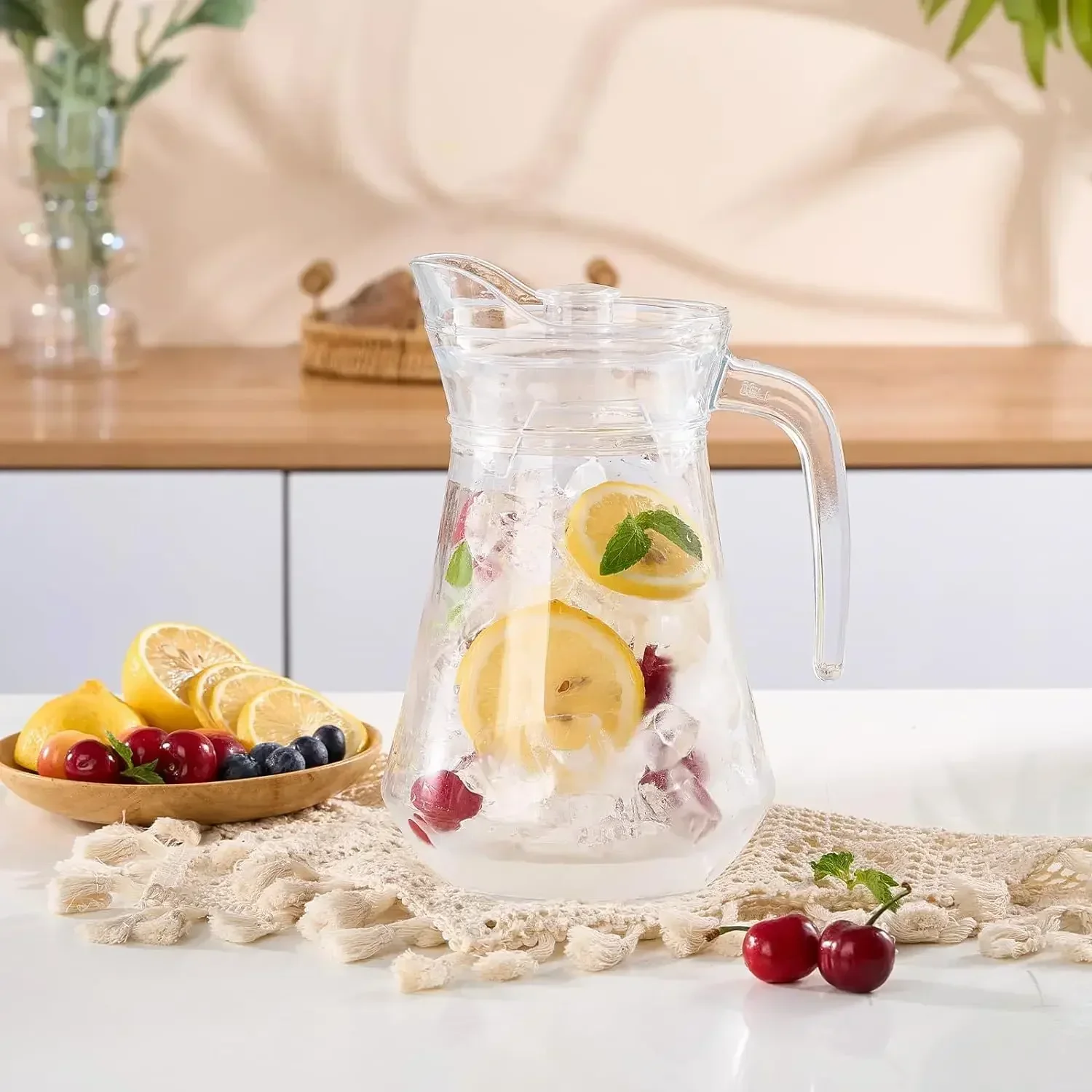Brocca per acqua ghiacciata trasparente da 2 pezzi con coperchio e manico, brocca per tè resistente al calore per succhi, latte, bevande fredde o calde - Molto durevole,